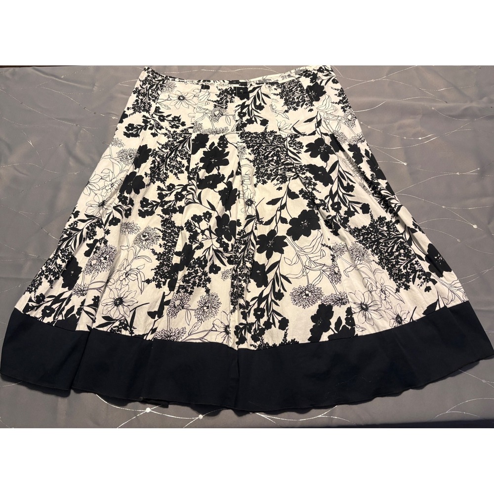 JKLA California Black White Floral A-Line Midi Skirt Cotton Blend Size L 4231PE1